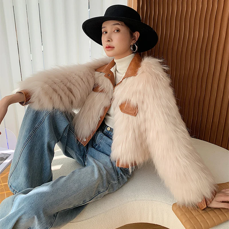 ฤดูหนาวขนสัตว์จริงแฟชั่นสำหรับผู้หญิง Raccoon Fur Patchwork สั้น Outerwear Sheepskin Lapel Single-Breasted Casual Lady Jacket