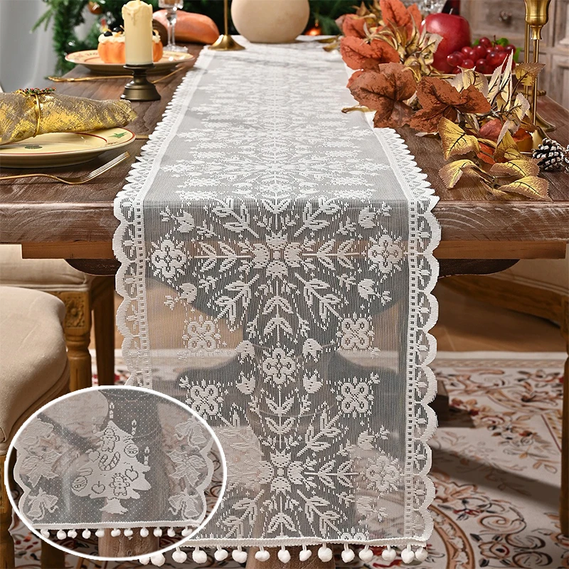 البوهيمي الكروشيه مكرميه الجدول عداء مع شرابات البيج الدانتيل مفرش المائدة خمر لمزرعة حفل زفاف زينة عيد الميلاد #1