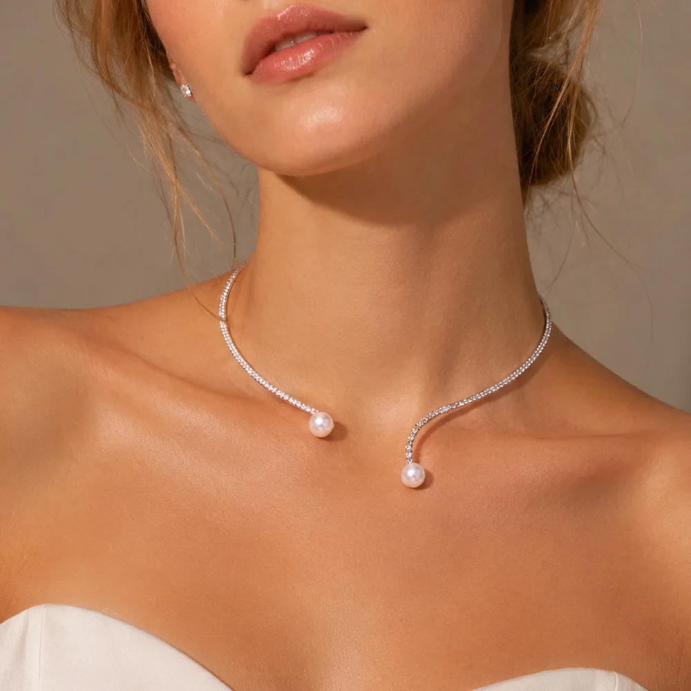 Rhinestone Pearl Choker Necklace Crystal Open Collar Elegant Statement Jewelry for Women Bridal Wedding Prom Party Evening Gift