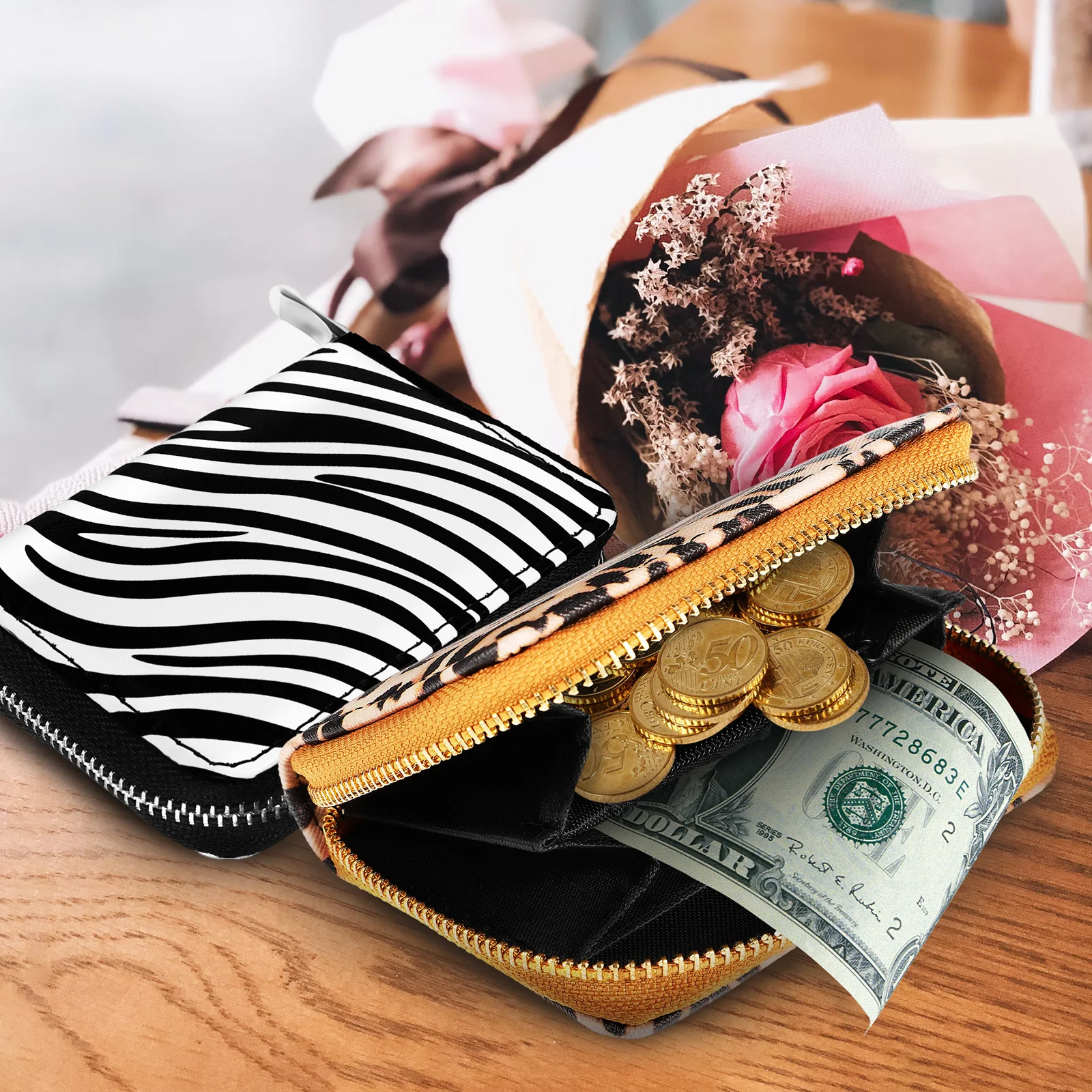 

2Pcs Small Wallet for Women Leopard Print Coin Purse with Zipper PU Compact Change Pouch for Outdoor Travel Daily Use