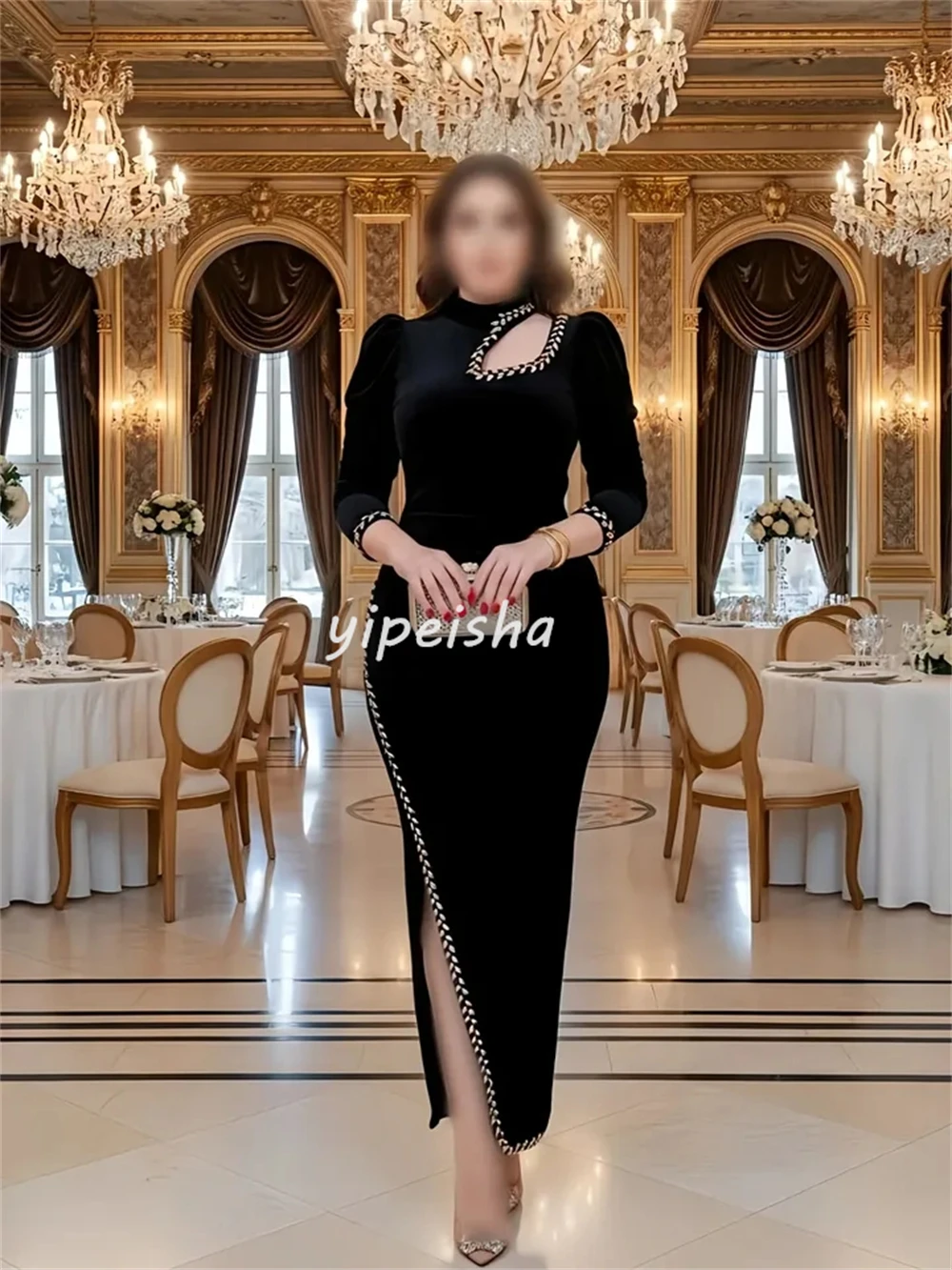 Customized Modern Style Retro Jersey Rhinestone Pleat Column High Collar Ankle Length Dresses Bespoke Occasion Dresses Matching