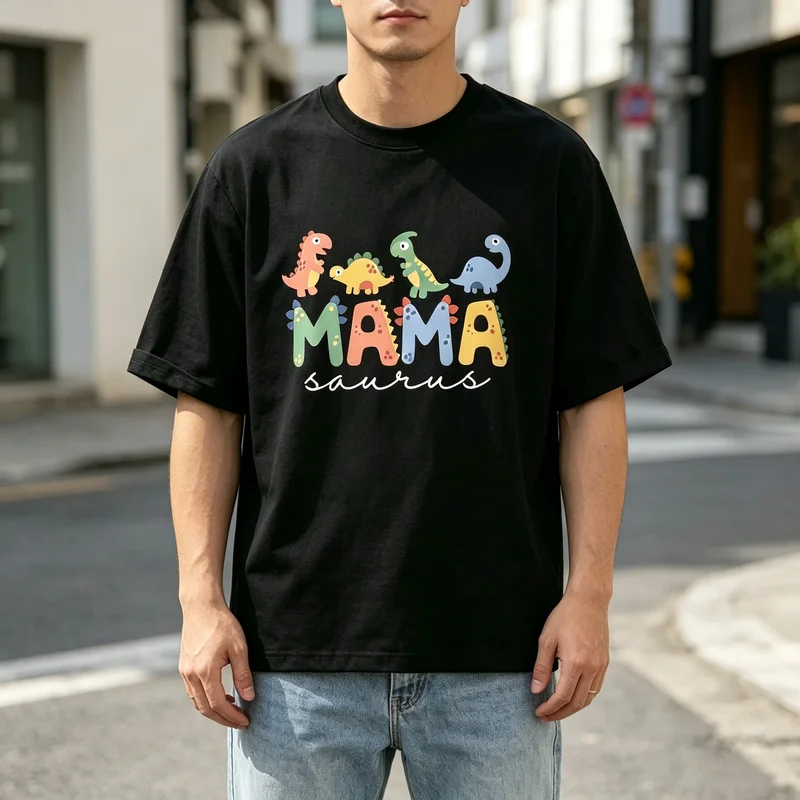 Funny Cute Mamasaurus Graphic Unisex T‑Shirt Retro Cartoon Dinosaur Tee Short Sleeve Cotton Casual Tops Gift for Mother Party