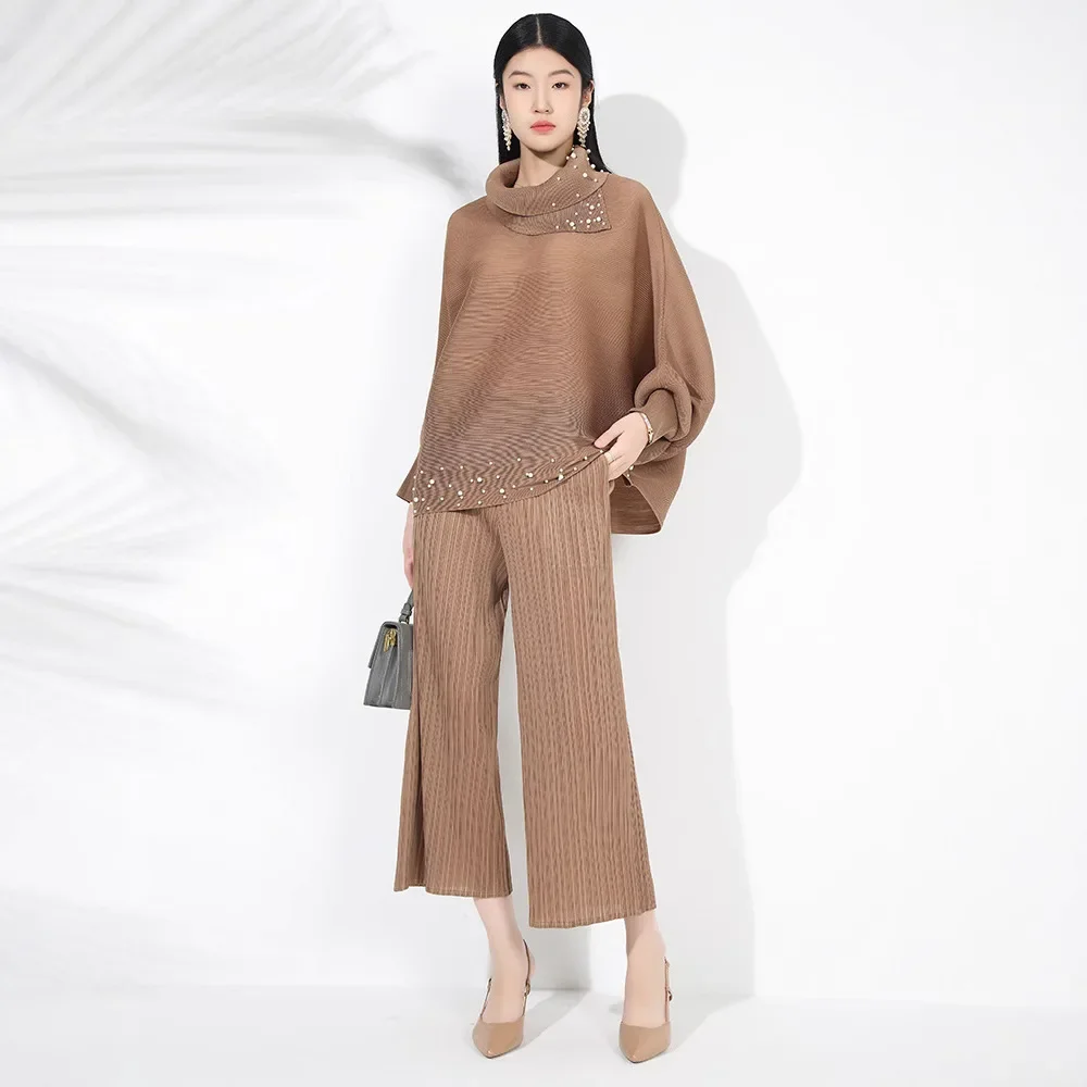 Miyake pleated lapel suit for women 2024 autumn new solid color beaded long-sleeved lapel top + straight pants two-piece set