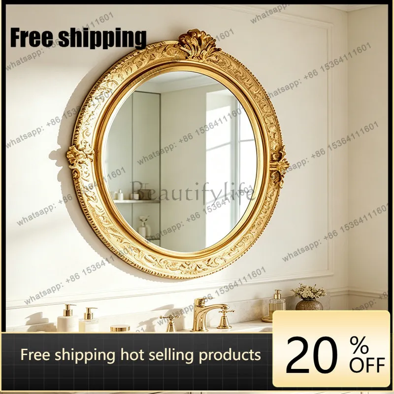 LD light luxury wall hanging carved bathroom mirror European retro luxury makeup wall decorative mirror