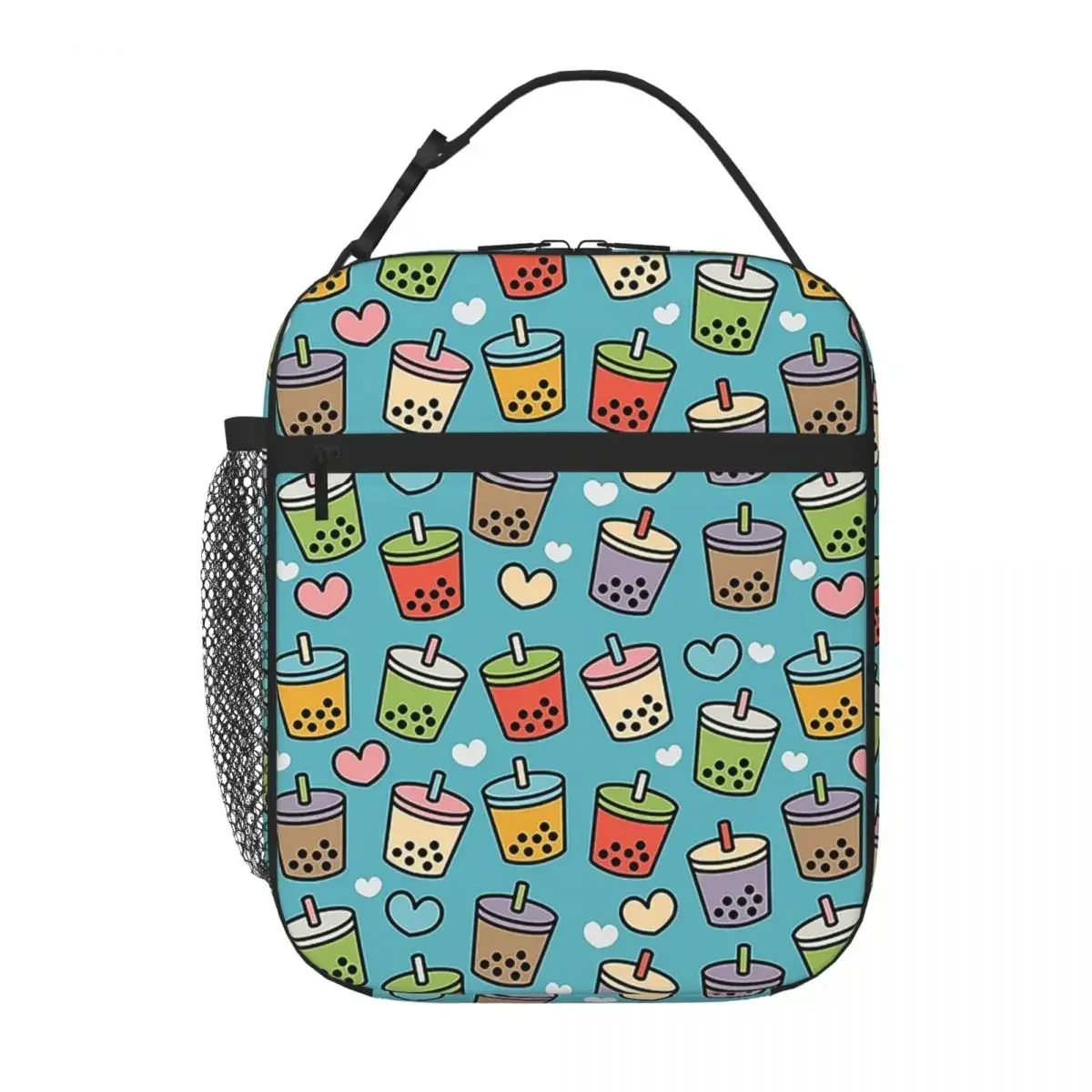 Cute Bubble Tea Flavors And Hearts Pattern Lunch Bags Insulated Bento Box Portable Lunch Tote Resuable Picnic Bags Thermal Bag