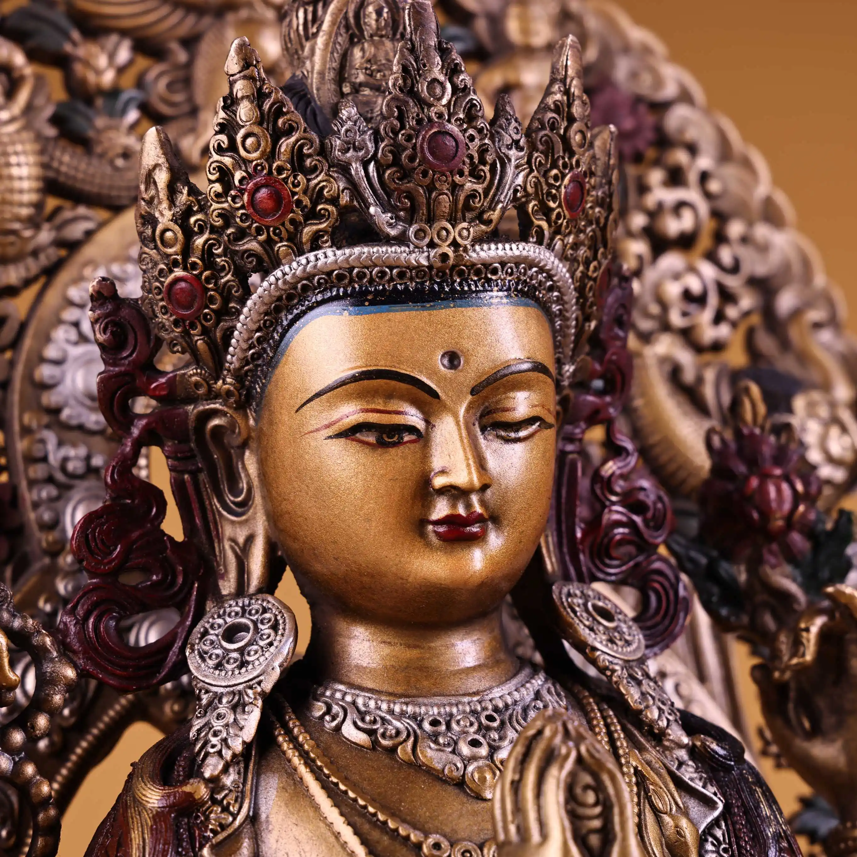 Collection Old Bronze Gilded Painted High Relief Four armed Guanyin Buddha GARUDA Backlight Worship Hall