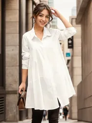 White Casual Loose Blouses Women 2024 Autumn Korean Fashion Mid Length Winter Loose Long Sleeves Femal Blouses