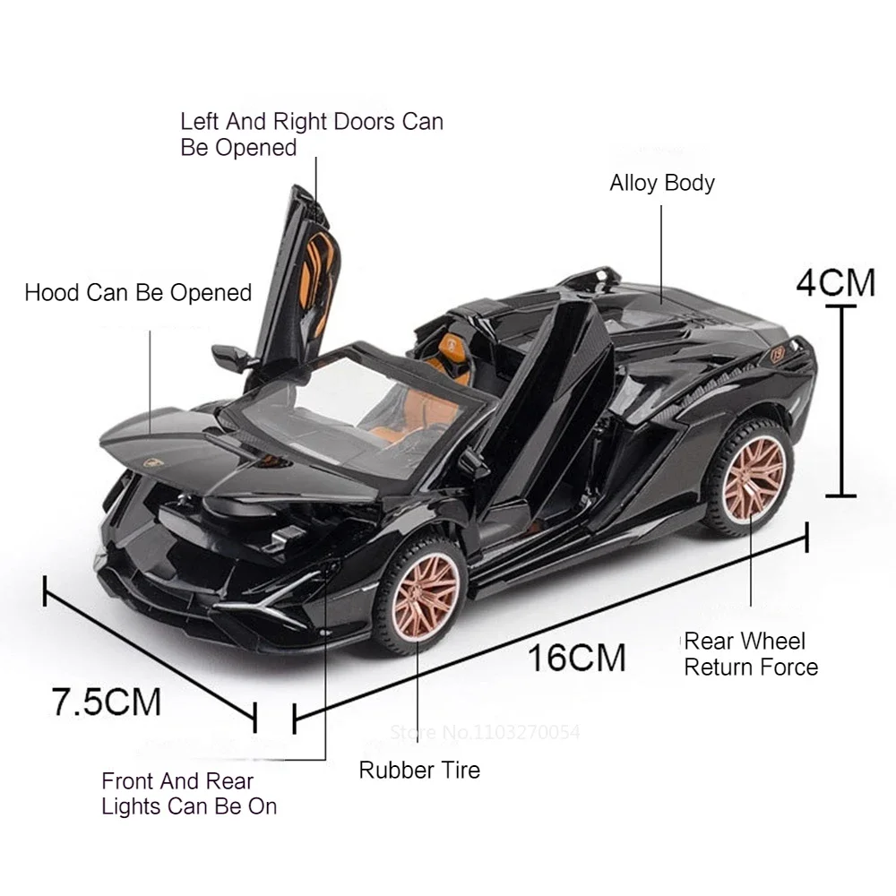 1/32 SIAN SCV12 juguetes modelo de coche aleación Diecast coches deportivos cuerpo de Metal neumáticos de goma puertas abiertas sonido luz tirar hacia atrás regalos para chico