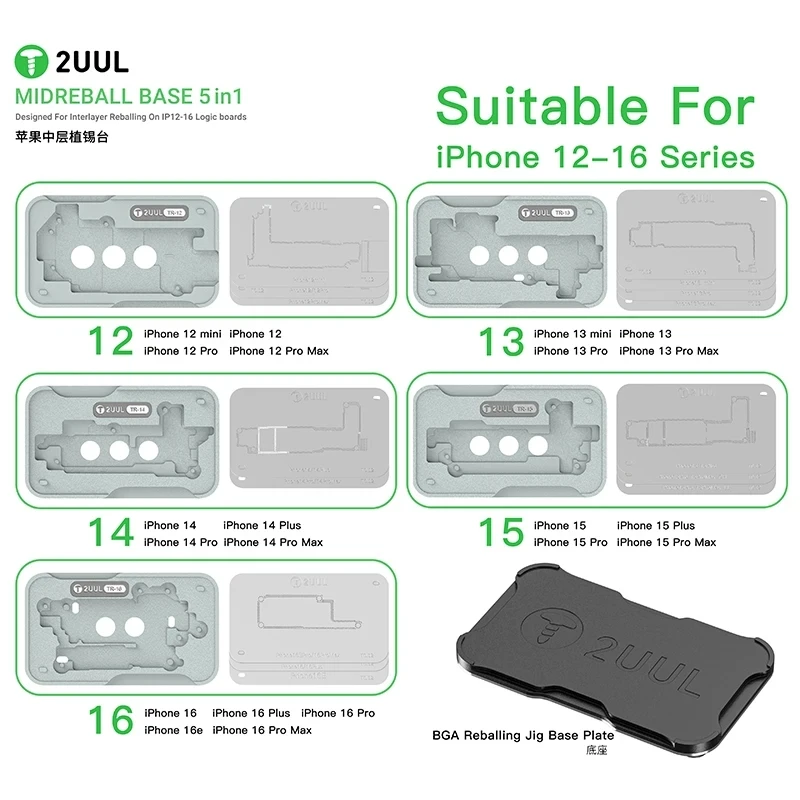 2UUL BH13 Middle Layer Reballing Station MIDREBALL Base 5in1 Reballing Stencil Steel Mesh for iPhone 12-17 Pro Max Logic Board
