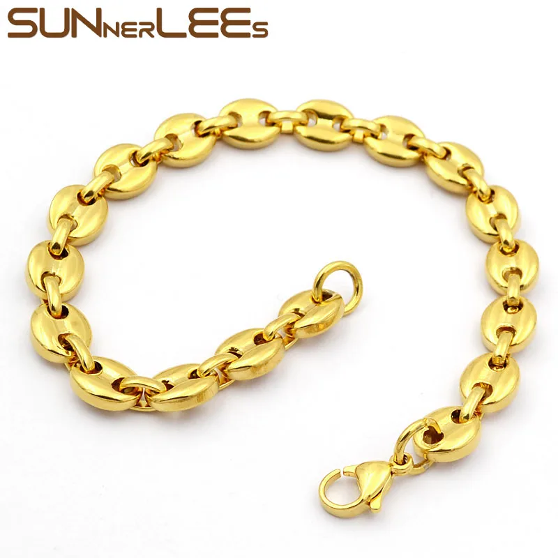 SUNNERLEES 316L Stainless Steel Bracelet 5~11mm Coffee Beans Link Chain Silver Color Gold Plated Jewelry Men Women Gift SC13