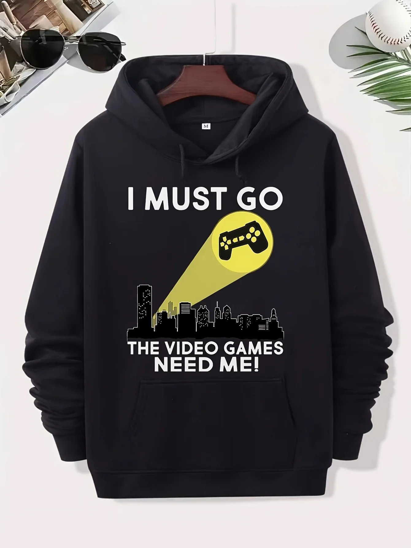Men I Must Go The Video Games Need Me Front Print Hoodie, Funny Gamer Controller City Silhouette Graphic Drawstring Kangaroo Pocket Pullover Sweatshirt Gaming Hooded Tops