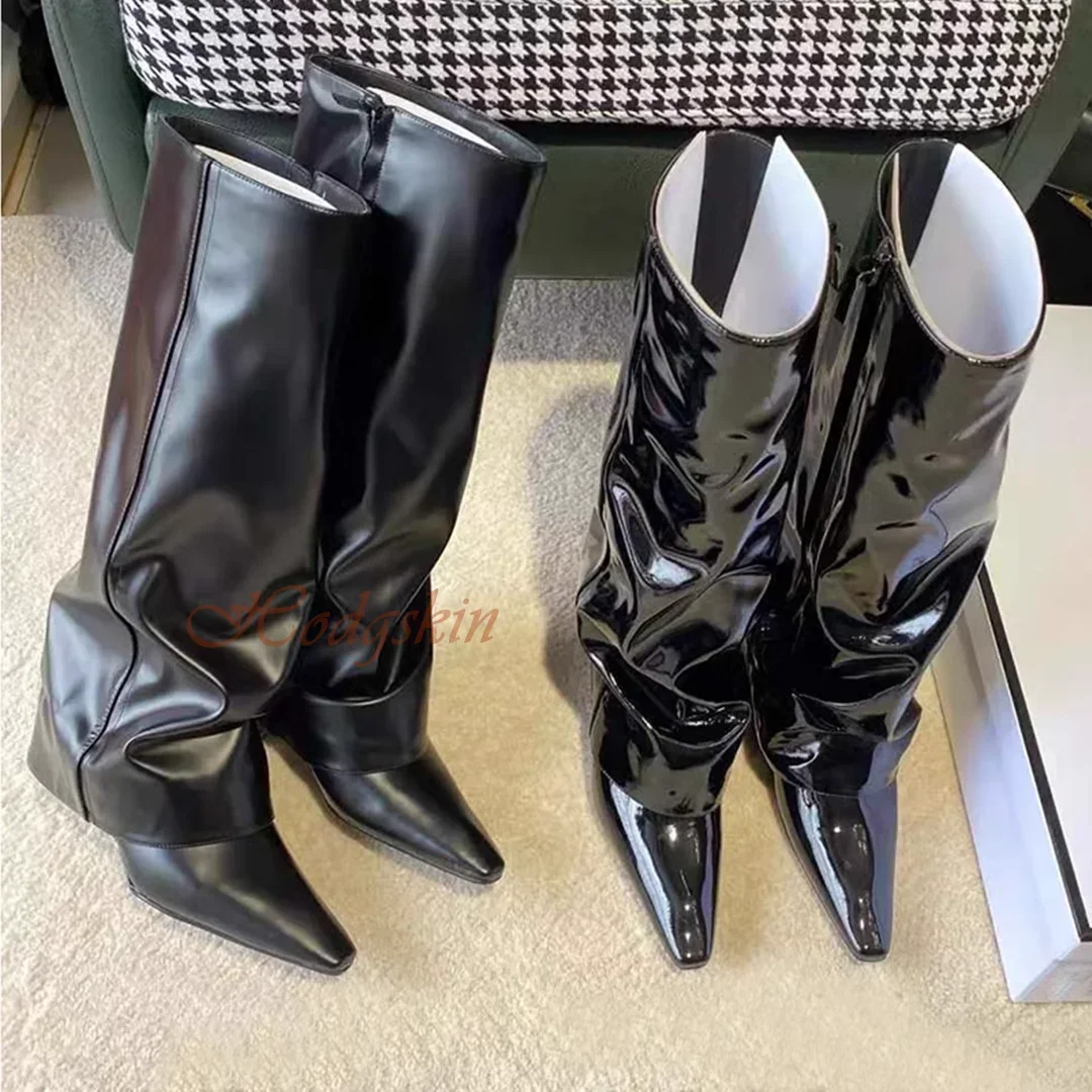 Pointed Toe Pleated Skinny Boots Wedge Heel Fashion All-Match High Shoes Side Zipper Solid Knee High Boots Women Winter Party