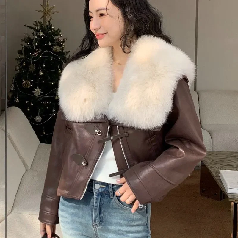 2024 New Winter Lamb Fur Sheepskin Patchwork Coat Faux Fur Leather Jacket Streetwear Loose Fur Warm Motorcycle Biker Parka ﻿