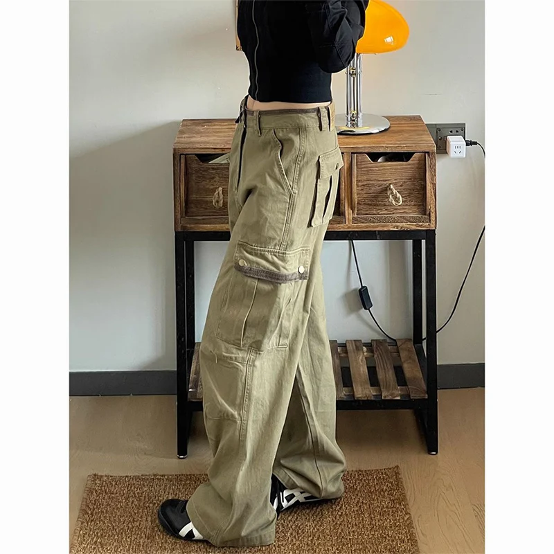 Novo baggy cáqui calças de carga moda feminina multi bolsos drape perna larga jeans mulher outono inverno japonês rua calças femininas