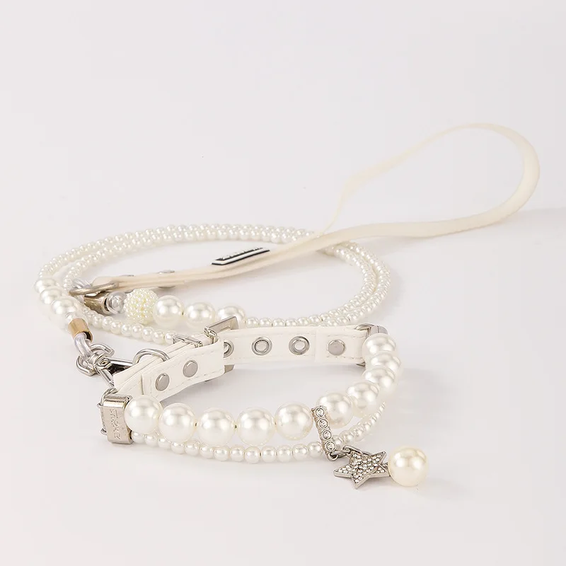 

Гламурный жемчужный ошейник для домашних животных с подвеской в виде хрустальной звезды - набор поводков для собак из стальной проволоки ручной работы, ожерелье для собак из искусственной кожи для вечеринки