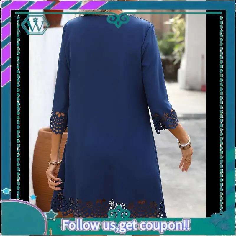 A09P Women's Casual T Shirt Dress Summer 3/4 Length Sleeve Hollow Swing Dresses