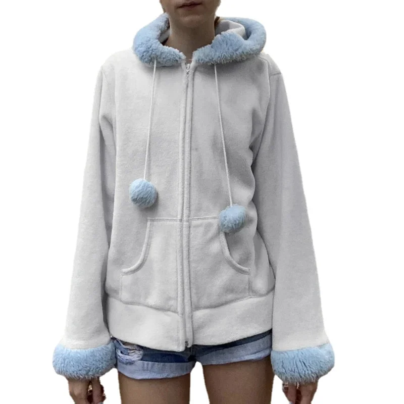 2022 Autumn and Winter New Furry Hooded Sweater Plus Velvet Warm Loose Zipper Sweatshirt Casual Color Matching Cardigan Jacket
