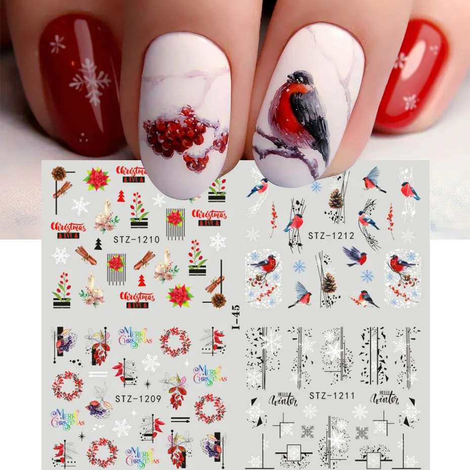 4pcs Spring Bird Snowflakes Nail Stickers Penguin Santa Elk Christmas Water Transfer Decals New Year Decor Manicure SAI44-49