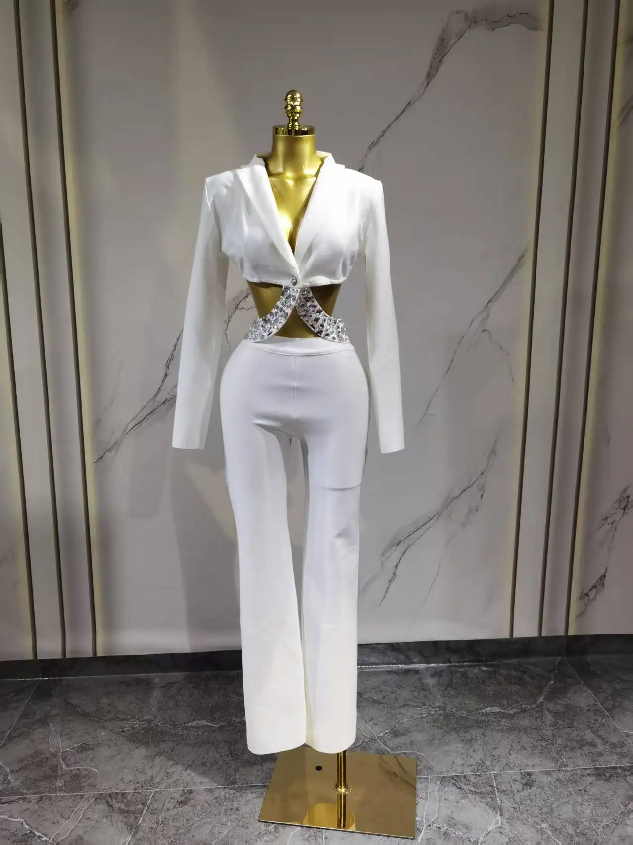 

Women Sexy Long Sleeve Beading Bodycon Two Pieces Pants Bandage Set2025 Celebrity Designer Fashion Women's Luxury Birthday Set