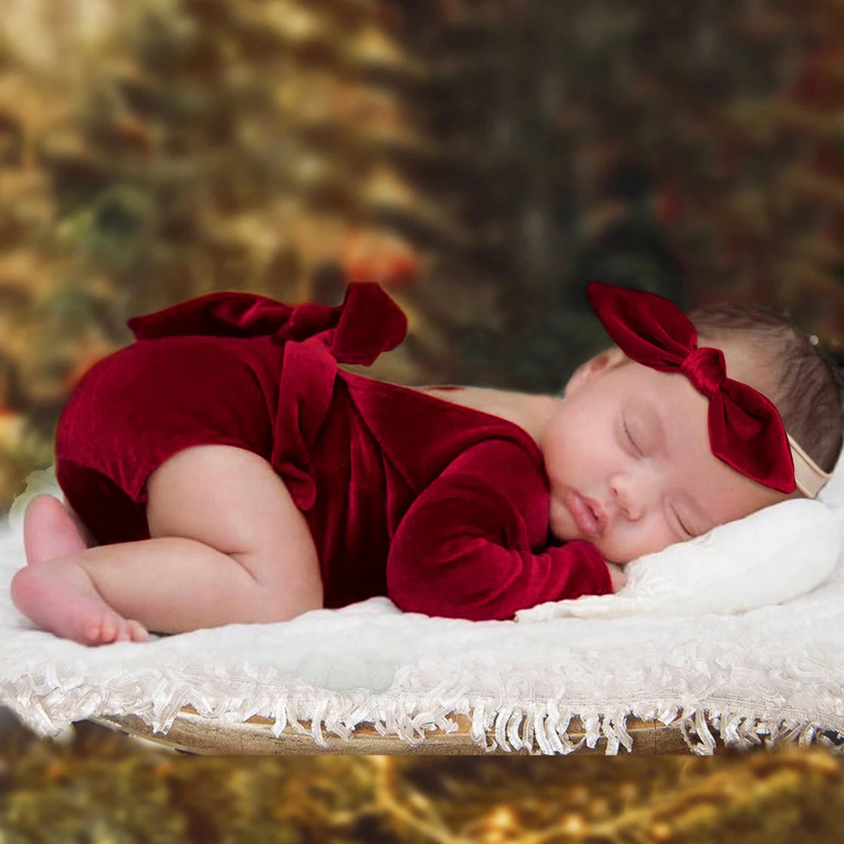 Ylsteed Newborn Christmas Outfit for Photo Shooting Baby Girl Back Bow Burgundy Velvet Romper With Rabbit Ear Headband