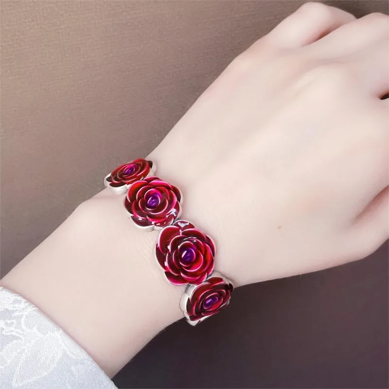 Elegant Handmade Red Rose Bangle for Women, Retro Ethnic‑Inspired Wrist Bracelet, Stylish Ornament for Party & Daily Matching