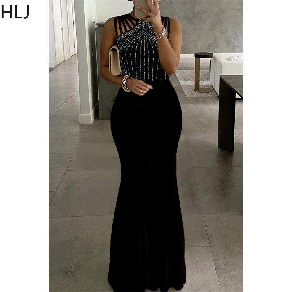 HLJ Black Fashion Luxury strass Evening Party Floor Dress donna girocollo senza maniche Bodycon Vestidos abbigliamento femminile sottile