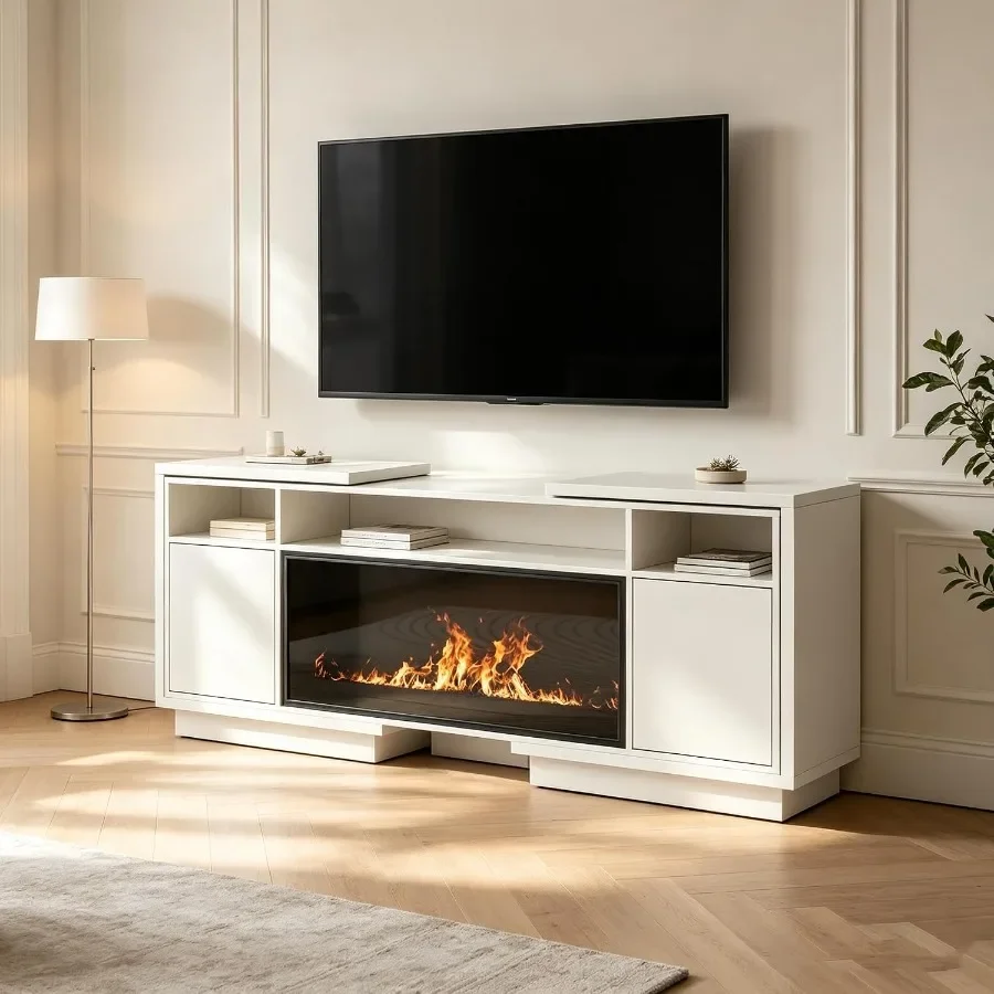 TV stand for 43-65 inch TVs, adjustable width 62.6-80 inches, white MDF, scratch-resistant finish