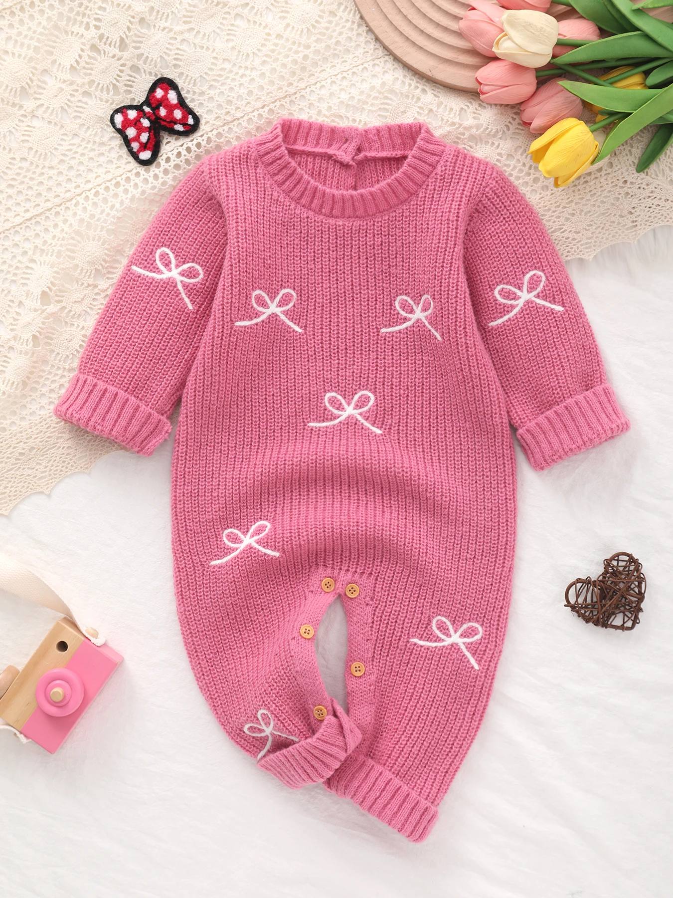2026 Hot-Selling New Girls' Romper Autumn and Winter Style Round Neck Knitted Sweater Cardigan Bow-Knot One-Piece Romper