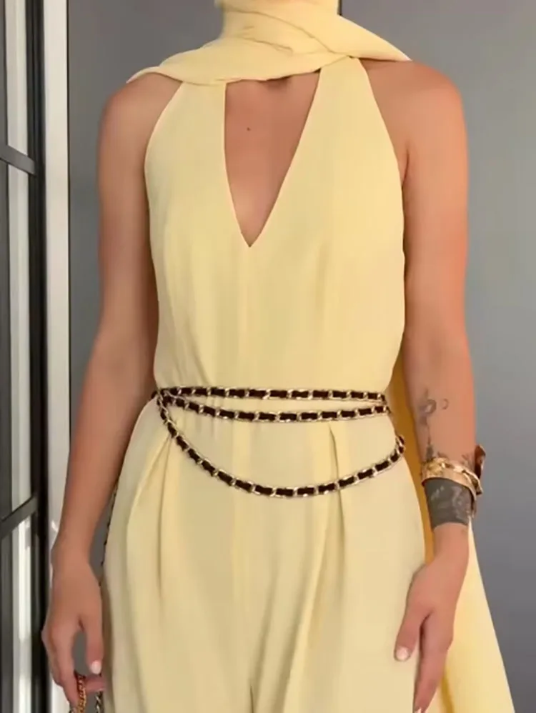 

Lady Summer Chic Casual Streetwear Playsuit 2025 Elegant Ribbon Jumpsuit Women Solid Halter Sleeveless Backless Loose Fit Romper