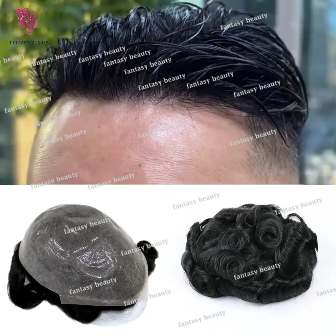 Natural hairline Black Grey Brown Ultra Thin Skin VLoop 0.02mm 100% Human hair Invisible Capillary Prosthetic system Mens Toupee