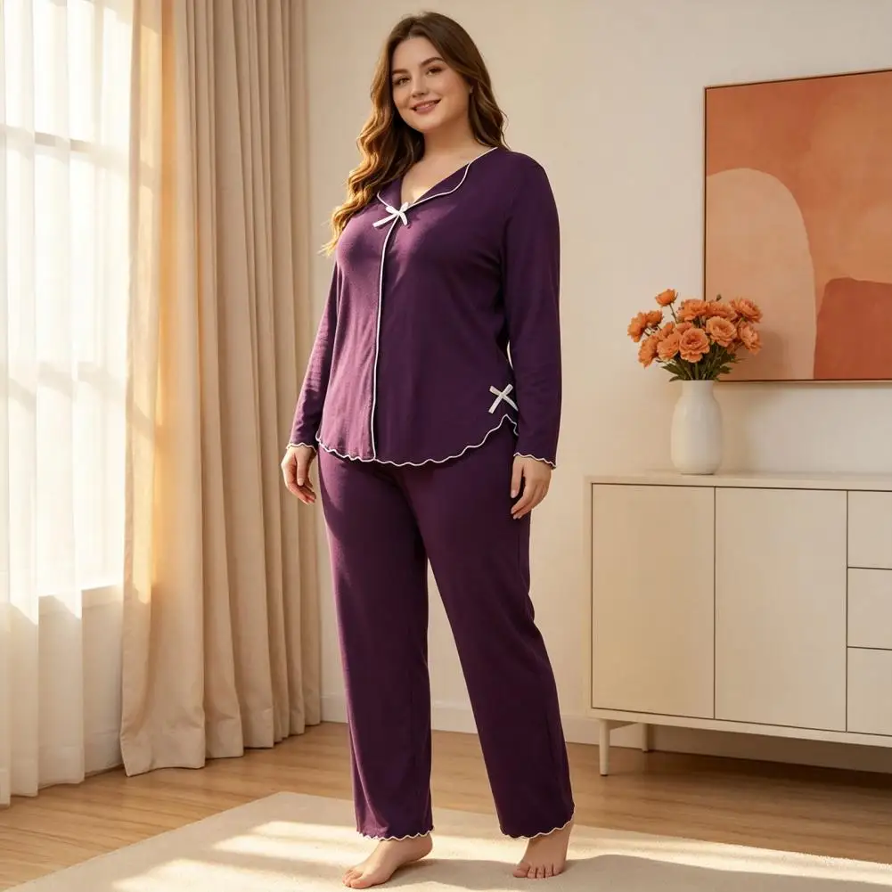 Women's Plus Size Pajama Set, Long Sleeve Top And Pants Loungewear with Bow Ruffle 2 Piece Breathable Sleepwear for Daily Use