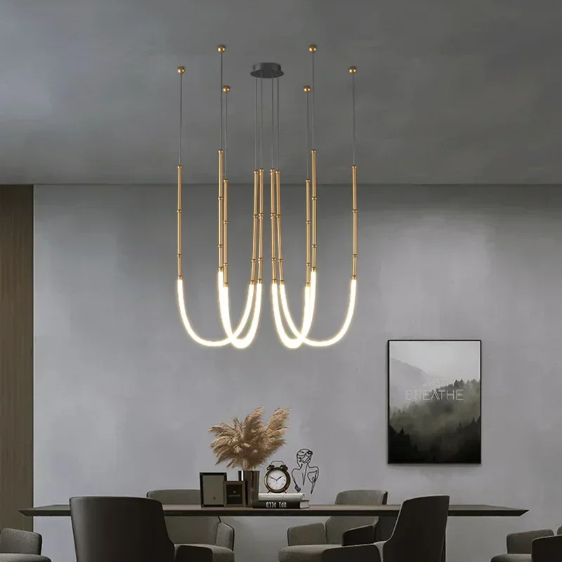 Modern Bamboo Line Pendant Light Creative Gold Black LED Chandelier Art Hanging Lamp for Loft Living Room Apartment Villa Decora