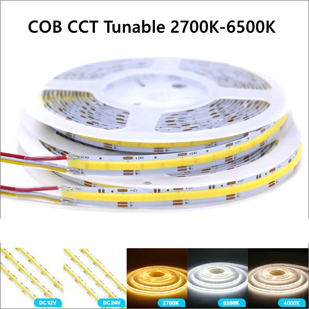 

Светодиодная лента DC CCT COB 12В 24В, RA90, с регулируемой яркостью, изменяемой цветовой температурой от 2700K до 6500K, гибкая, с регулируемой плотностью, линейная, двухцветная, ленточная.
