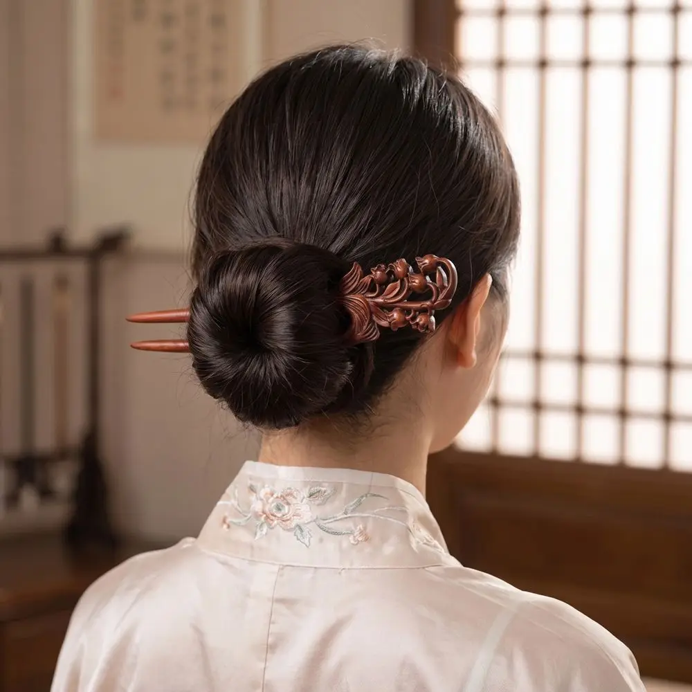 Double Side Wooden Hair Stick U-Shaped Wood Carved Hanfu Hair Accessories Chinese Style Vintage Wood Hairpin Sticks for Buns