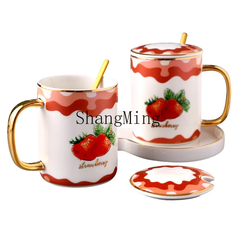 

DSA strawberry cup creative personality ceramic mug with lid spoon cute tea household water cup