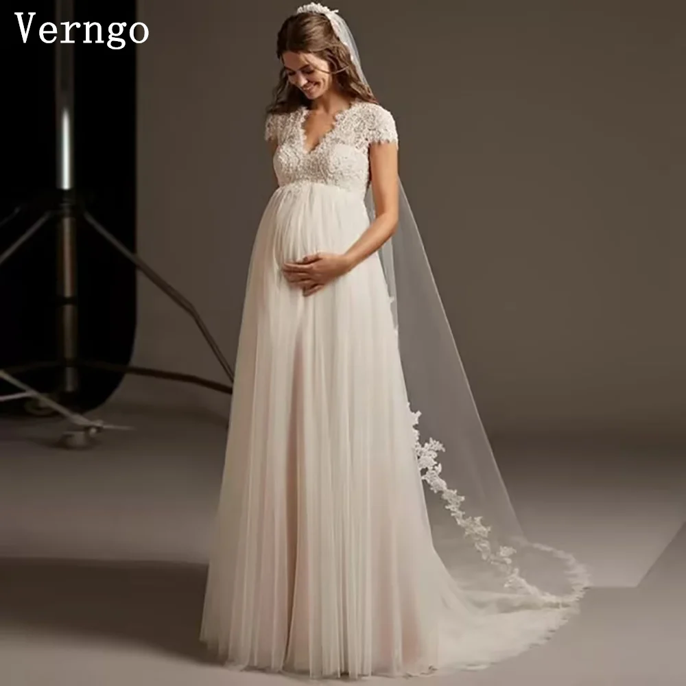 

Verngo Lace Wedding Dress Pregnant Sleeveless A Line Chiffon Fairy Bridal Gowns Plus Sized Sweap Train Bride Dress Customized