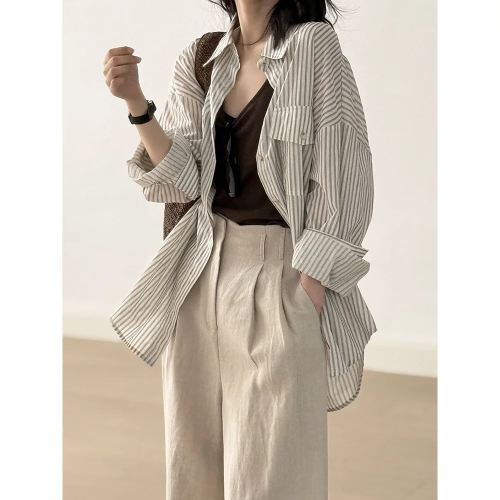 

Hong Kong style retro striped long sleeved shirt for women in summer 2025 new loose and lazy style chic shirt