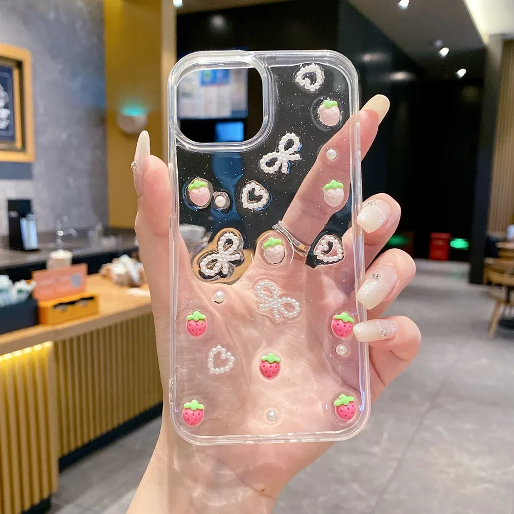 Cute 3D Love Heart Pearl Bowknot Phone Case For iPhone 16 11 12 13 14 Pro Max 15 Plus Korea Girl Soft Cover Epoxy Glitter Shell