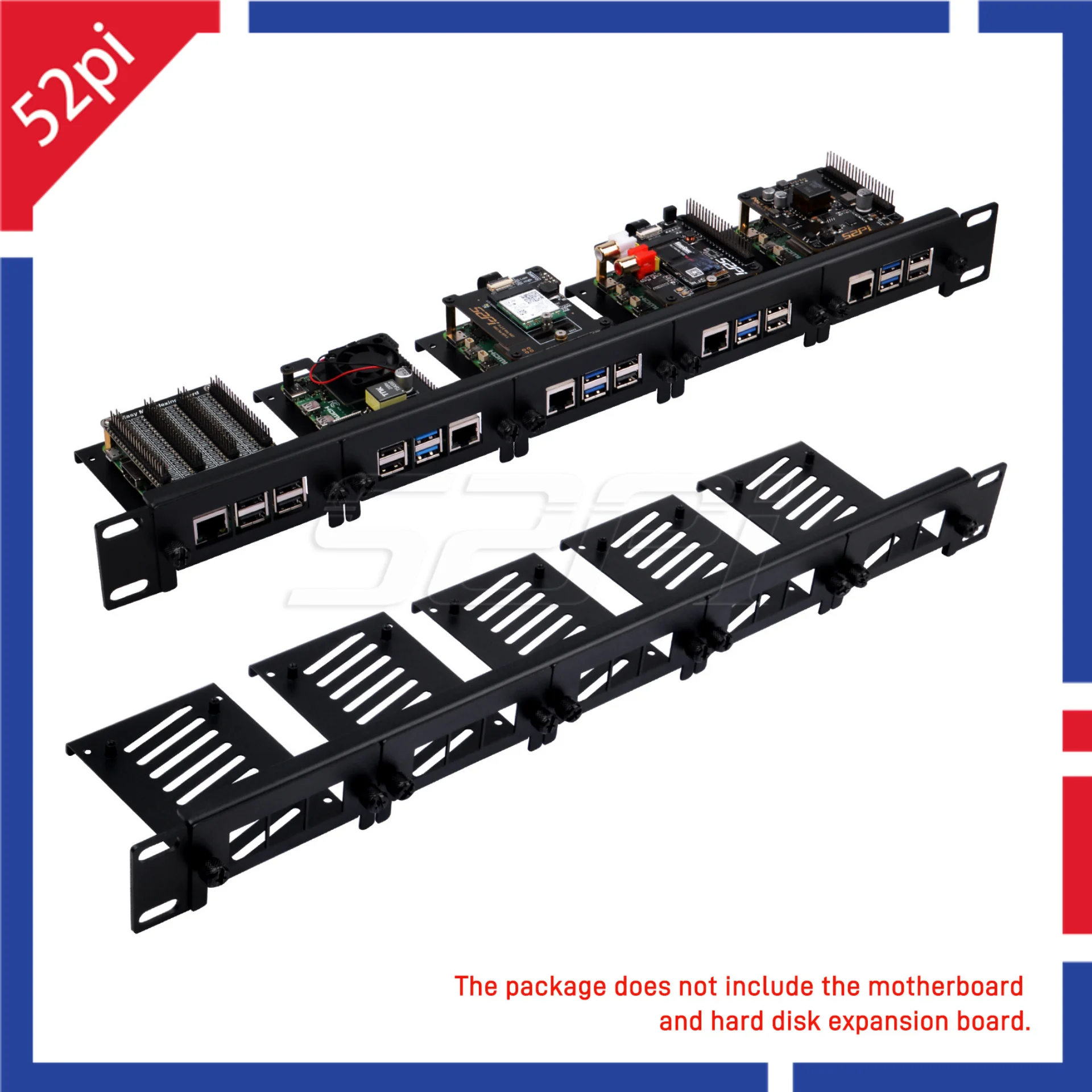 52Pi Removable 1U Rack Mount for Raspberry Pi 5/4B/3B+ Steel Bracket 19 Inch 5 Slots