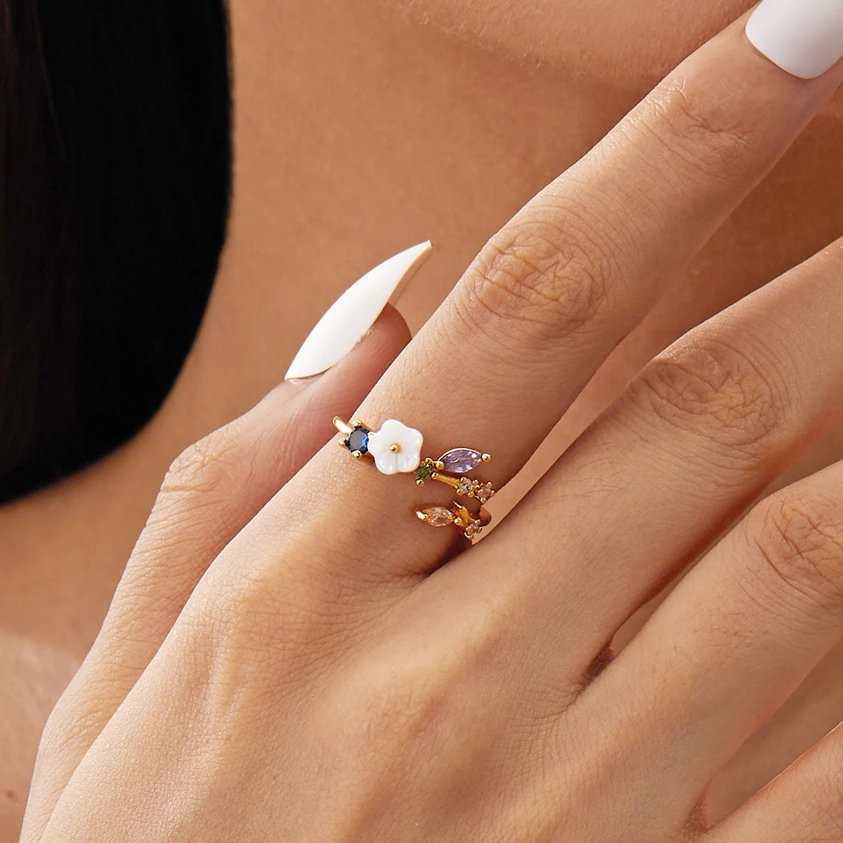 Delicate Crystal Zircon Rings for Women Sweet Flower Leaf Butterfly Adjustable Open Rings Wedding Engagement Jewelry Gift