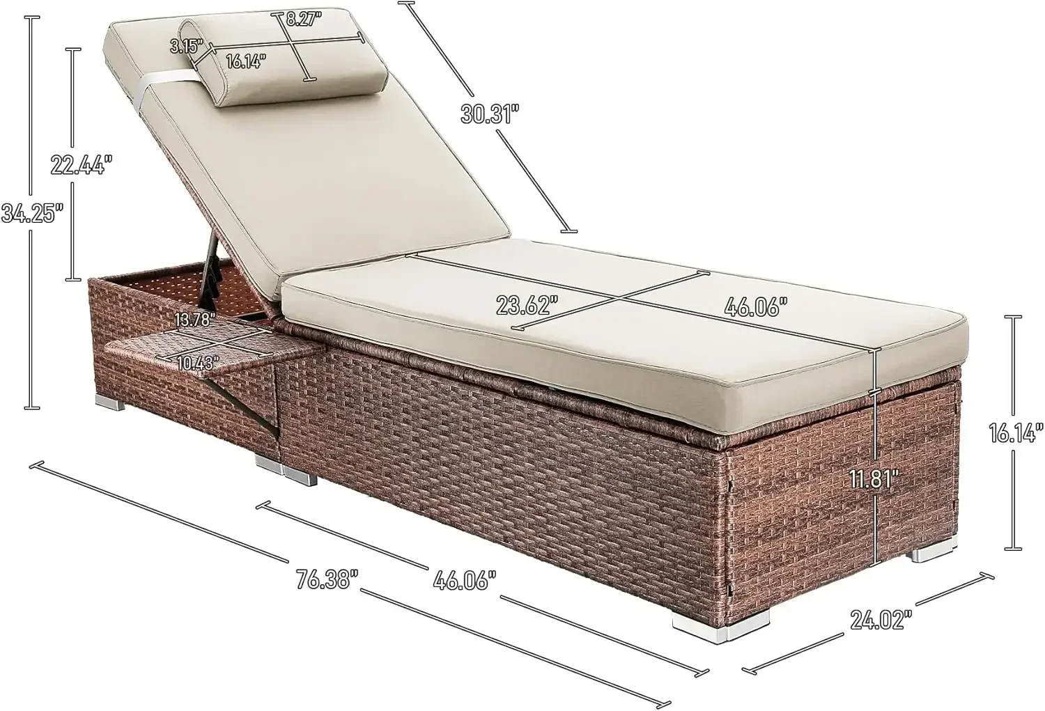 Outdoor PE Wicker Patio Lounge Chairs Set of 2, Outside Rattan Pool Lounge Chair with Cup Holder & Adjustable Backrest, Brown Ra