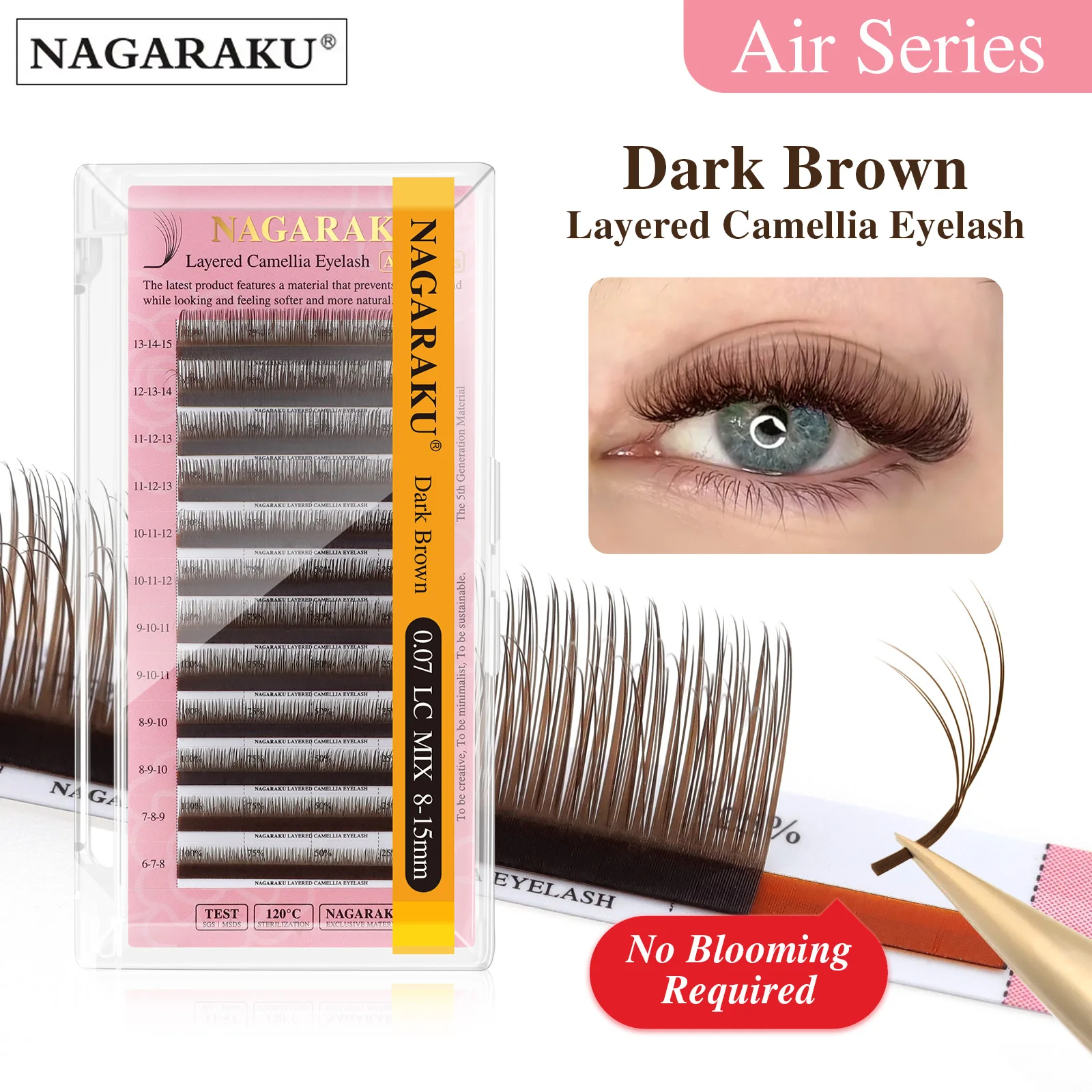 NAGARAKU Dunkelbraune geschichtete Kamelien-Wimpernverlängerungen, vorgefertigte Fächer, Wispy Volume, Fluffy LB LC LD M Volume Wimpernverlängerung – Detail 1