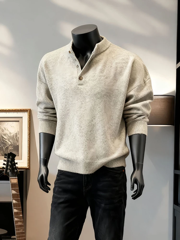 

American Retro Cleanfit Henry irt Sweater Men's Sle Autumn Winter High End Lazy Soft Cozy Inner Knitwear Loose Fit Regula...