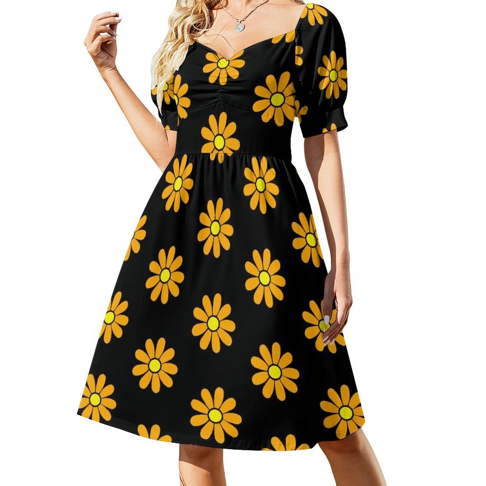 

Happy Orange Daisy Flower Power 60's 70s Retro Vintage Hippie Gardening Short Sleeved Dress Women long dress Dance dresses Dress