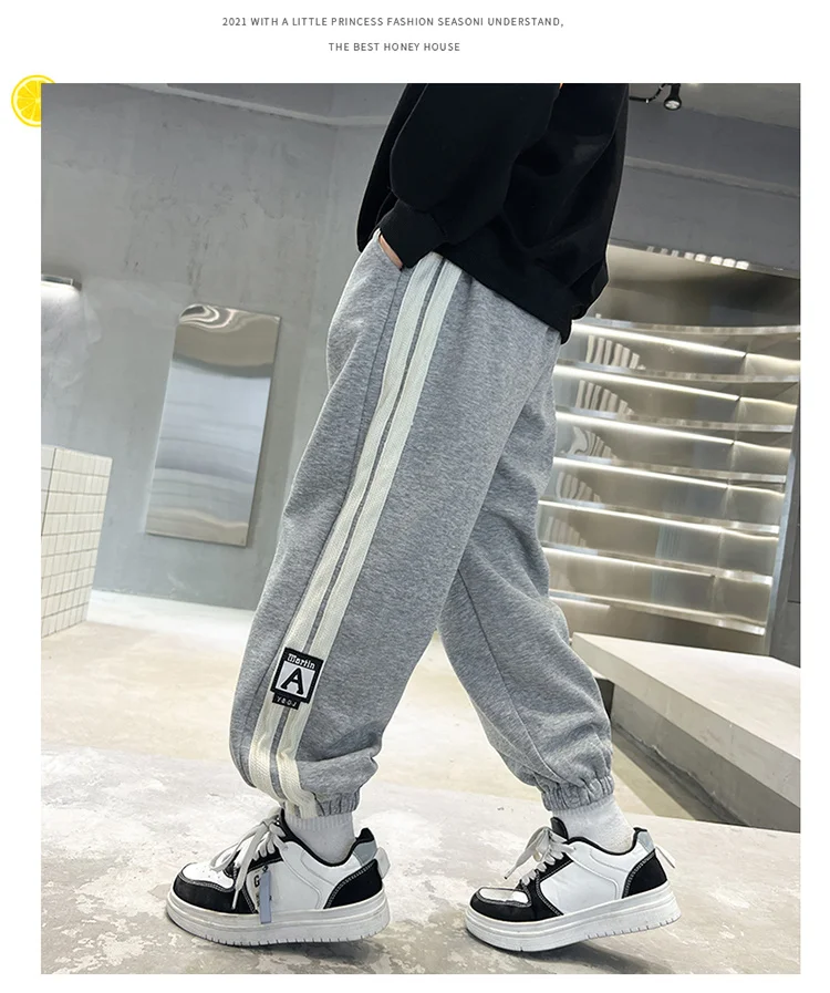 Koreanische Frühlings- und Herbstkleidung für Kinder, Jungen-Sporthose mit Seitenstreifen, Jogginghose für Teenager, Baumwollhose, Alter 5 bis 14 Jahre – Detail 12