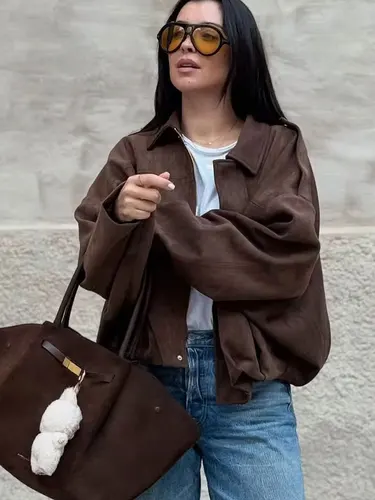 Imagen 2 del producto HH nuevas chaquetas informales holgadas con textura de gamuza de otoño para mujer, abrigo liso de manga larga con solapa y cremallera, abrigos de moda urbana para mujer