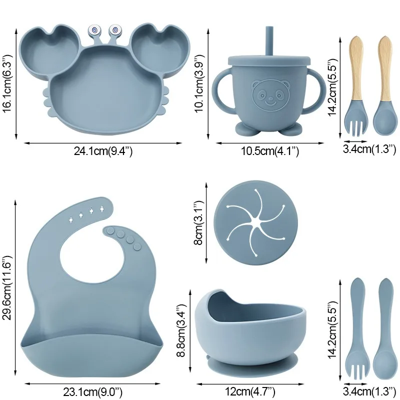

Crab Shape Silicone Plate Set 9 Piece Kids Feeding Utensils 3 Compartment Design All in One Toddler