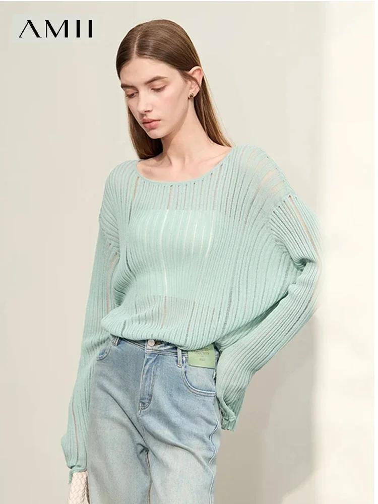 

AMII Minimalism Knitwears For Women 2024 Spring Tops New Loose O-Neck Hollow Out Jacquard Sweater Casual O-Neck Blouse 12451072