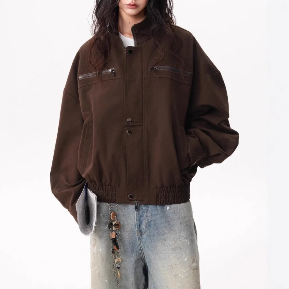Women's Barn Style Stand-Up Collar Tooling Jacket Vintage Versatile Trendy Jacket Loose Casual Women's Top