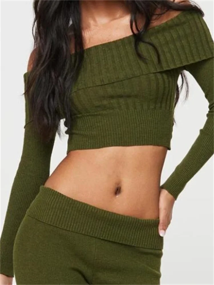 CHRONSTYLE Knitted Ribbed Long Sleeve T-shirts Crop Tops for Women Slash Neck Off Shoulder Slim Fit Solid Tees Shirts Streetwear